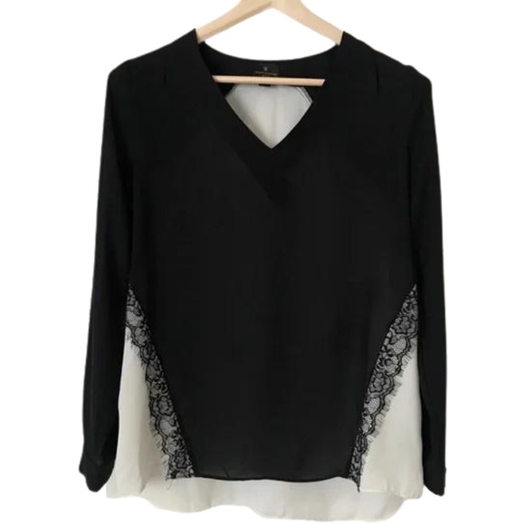 Worthington Black and White Long Sleeve V-neck Blouse with Lace Trim - Picture 1 of 5